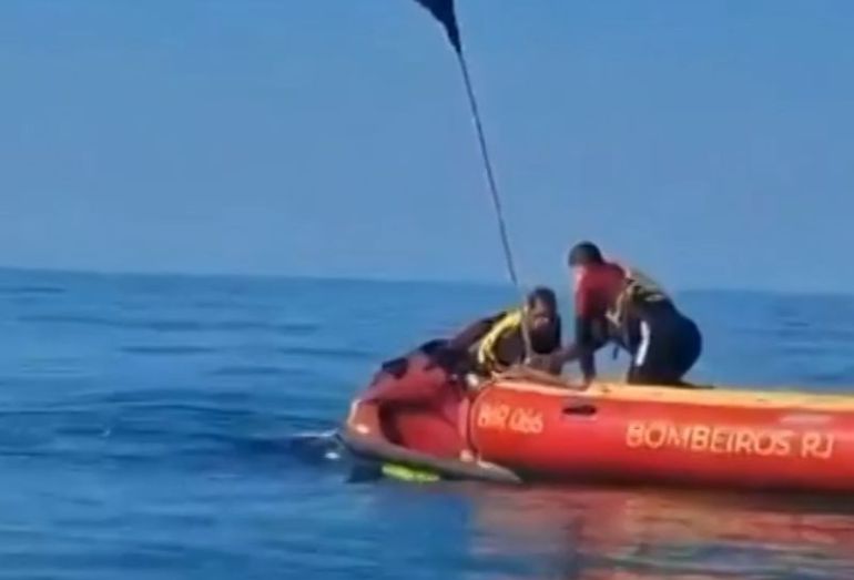 Bombeiros salvam baleia-jubarte presa em rede ilegal no mar de Rio das Ostras